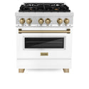 ZLINE Autograph Edition 30 in. 4.0 cu. ft. Legacy Dual Fuel Range with 4 Burner Gas Cooktop and Electric Convection Oven in Stainless Steel with White Matte Door and Champagne Bronze Accents (RAZ-WM-30-CB)