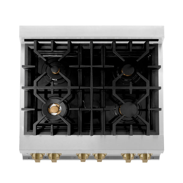 ZLINE Autograph Edition 30 in. 4.0 cu. ft. Legacy Dual Fuel Range with 4 Burner Gas Cooktop and Electric Convection Oven in Stainless Steel with White Matte Door and Champagne Bronze Accents, Open Box-Good Condition