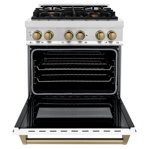 ZLINE Autograph Edition 30 in. 4.0 cu. ft. Dual Fuel Range with Gas Stove and Electric Oven in Stainless Steel with White Matte Door and Accents (RAZ-WM-30)