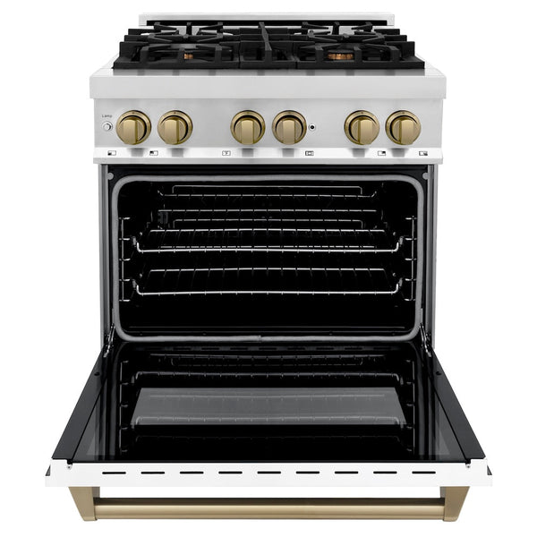 ZLINE Autograph Edition 30 in. 4.0 cu. ft. Legacy Dual Fuel Range with 4 Burner Gas Cooktop and Electric Convection Oven in Stainless Steel with White Matte Door and Champagne Bronze Accents, Open Box-Good Condition