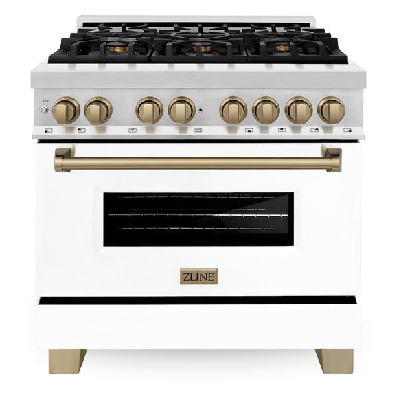 ZLINE Autograph Edition 36 in. 4.6 cu. ft. Legacy Dual Fuel Range with 6 Burner Gas Cooktop and Electric Convection Oven in Satin Stainless Steel with White Matte Door and Champagne Bronze Accents, Open Box-Great Condition