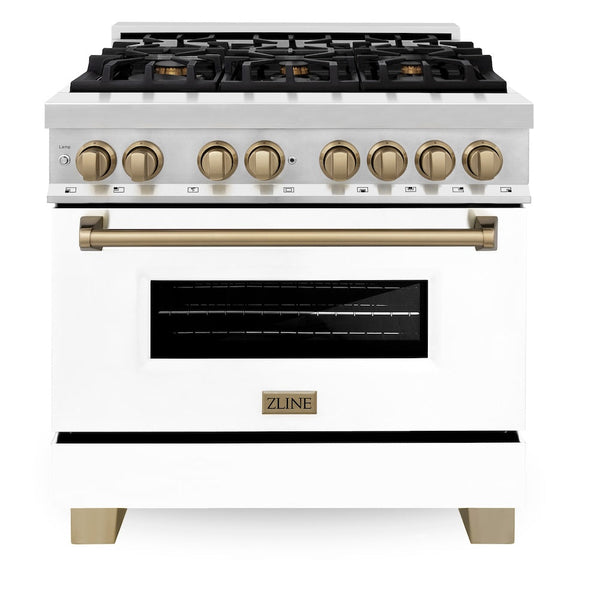 ZLINE Autograph Edition 36 in. 4.6 cu. ft. Legacy Dual Fuel Range with 6 Burner Gas Cooktop and Electric Convection Oven in Stainless Steel with White Matte Door and Champagne Bronze Accents, Open Box-Good Condition