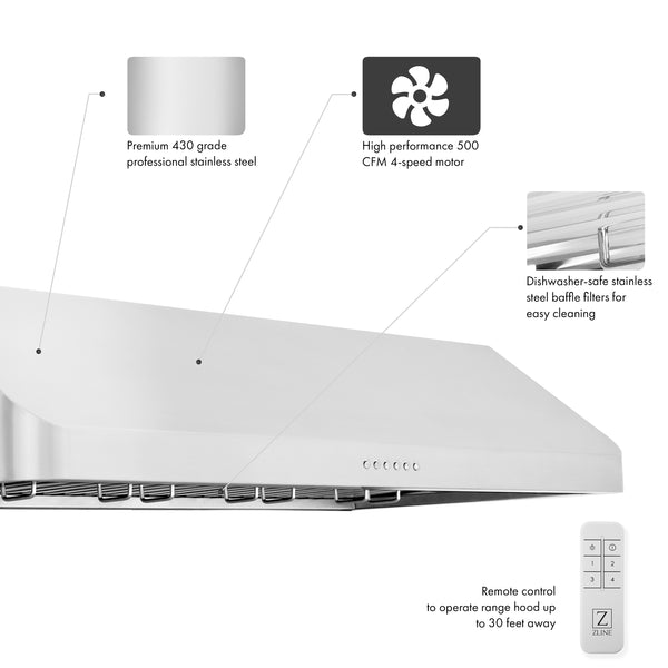 ZLINE 48” Alpine Series Under Cabinet Range Hood in Stainless Steel with Remote Control, LED lighting, and Dishwasher-Safe Baffle Filters (ALP10UC-48)