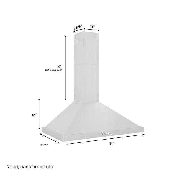 ZLINE 36” Alpine Series Convertible Wall Mount Range Hood in Stainless Steel with Remote Control, LED lighting, and Dishwasher-Safe Baffle Filters (ALP10WL-36)