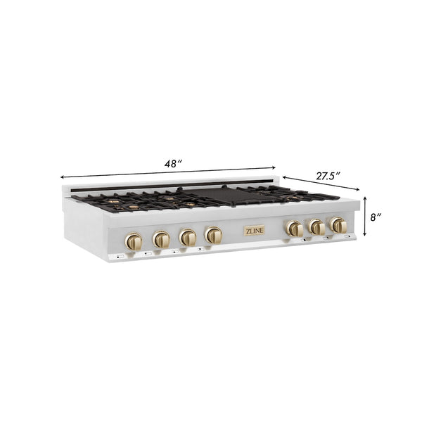 ZLINE Autograph Edition 48 in. Legacy Gas Rangetop with 7 Burners and Porcelain Cooktop in Stainless Steel with Polished Gold Accents (RTZ-48-G)