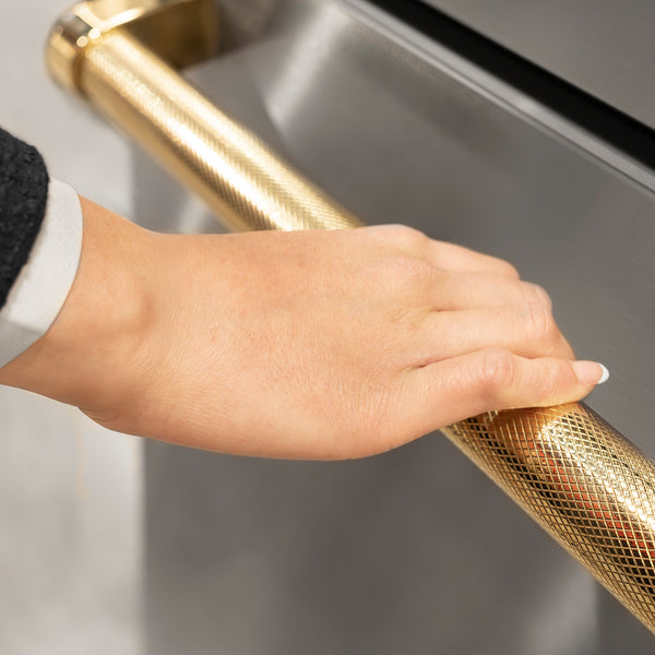 ZLINE Autograph Edition 36 in. 19.6 cu. ft. French Door Built-In Bottom Freezer Refrigerator with Water Dispenser and Ice Maker in Stainless Steel with Stainless Steel Interior and Polished Gold Helix Handles (SRBIVZ-30436KG)