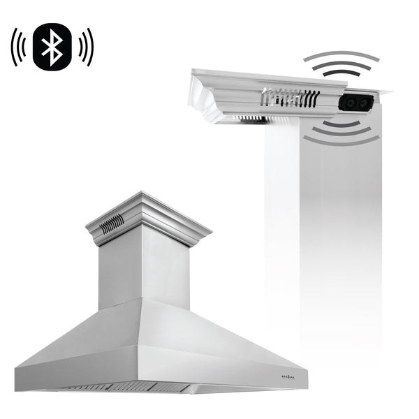 48" ZLINE CrownSound™Ducted Vent Professional Wall Mount Range Hood in Stainless Steel with Built-in Bluetooth Speakers (697CRN-BT-48)