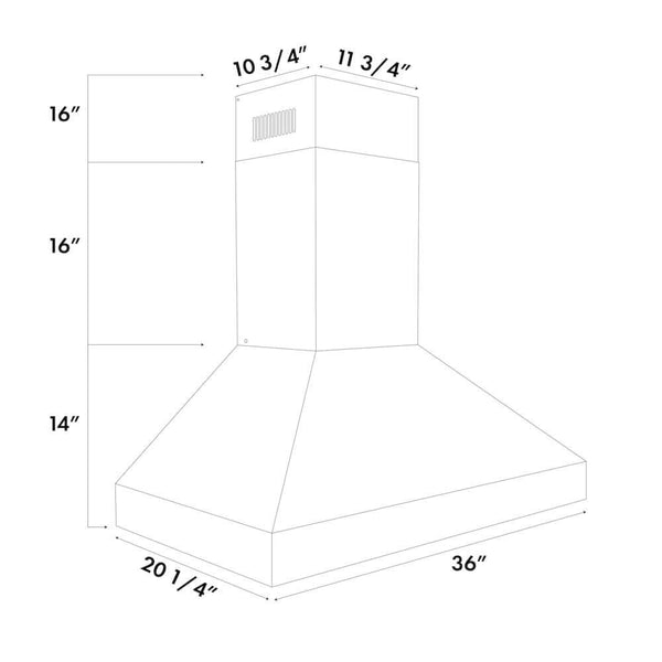 ZLINE 36 in. Professional Convertible Vent Wall Mount Range Hood in Stainless Steel, Open Box-Good Condition dimensional diagram.