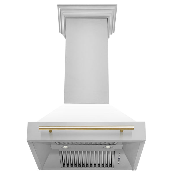 ZLINE Autograph Edition 30" Stainless Steel Range Hood with White Matte Shell and Polished Gold Handle (8654STZ-WM30-G)