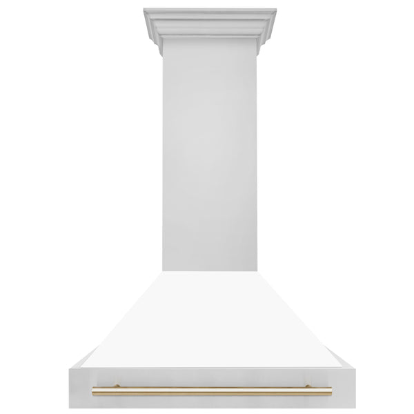 ZLINE Autograph Edition 36" Stainless Steel Range Hood with White Matte Shell and Polished Gold Handle (8654STZ-WM36-G)