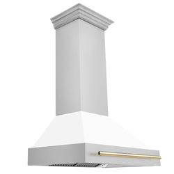 ZLINE Autograph Edition 36" Stainless Steel Range Hood with White Matte Shell and Polished Gold Handle (8654STZ-WM36-G)