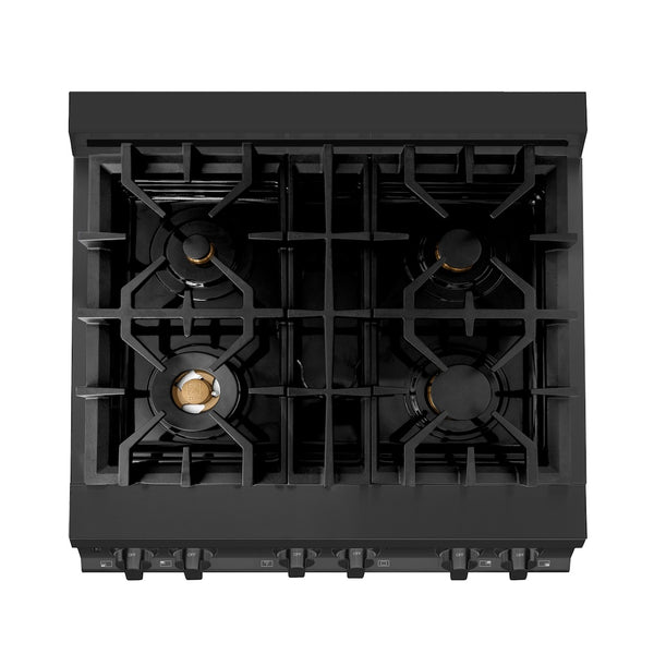 ZLINE 30 in. 4.0 cu. ft. Legacy Dual Fuel Range with Gas Cooktop and Electric Convection Oven in Black Stainless Steel with 4 Brass Burners, Open Box-Great Condition