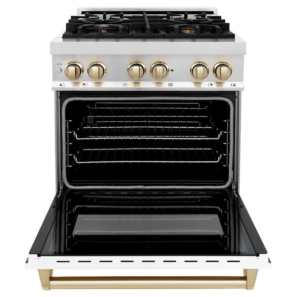 ZLINE Autograph Edition 30 in. 4.0 cu. ft. Legacy Dual Fuel Range with 4 Burner Gas Cooktop and Electric Convection Oven in Stainless Steel with White Matte Door and Polished Gold Accents, Open Box-Good Condition