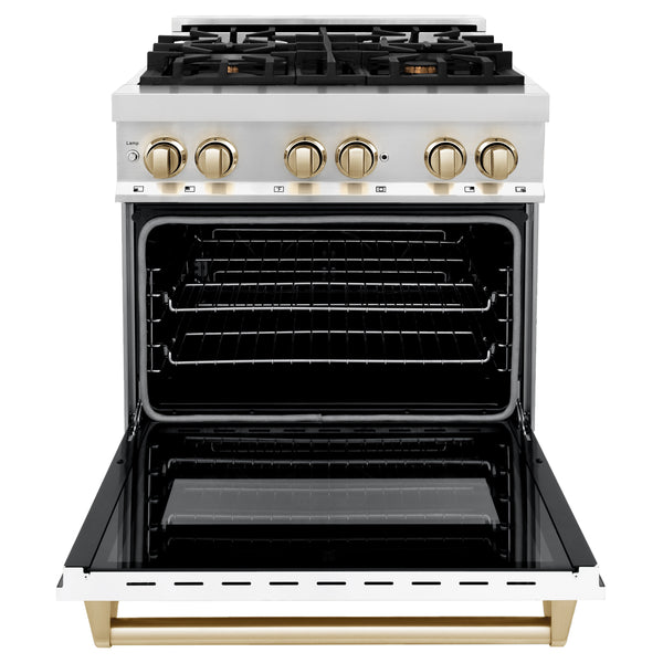 ZLINE Autograph Edition 30 in. 4.0 cu. ft. Dual Fuel Range with Gas Stove and Electric Oven in Stainless Steel with White Matte Door and Accents (RAZ-WM-30)