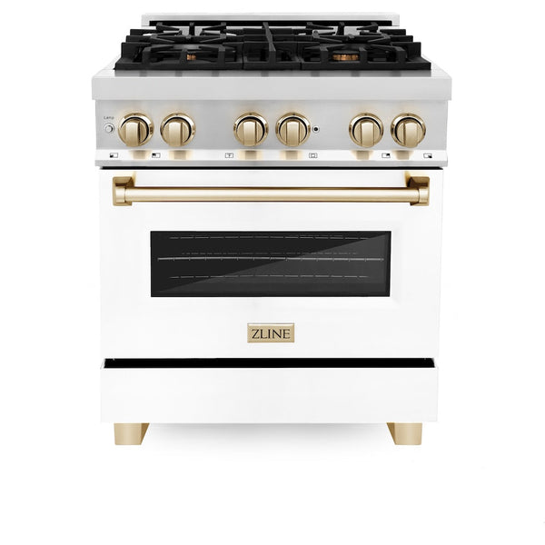 ZLINE Autograph Edition 30 in. 4.0 cu. ft. Legacy Dual Fuel Range with 4 Burner Gas Cooktop and Electric Convection Oven in Stainless Steel with White Matte Door and Polished Gold Accents, Open Box-Good Condition
