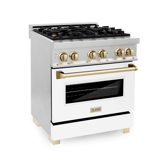 ZLINE Autograph Edition 30 in. 4.0 cu. ft. Legacy Dual Fuel Range with 4 Burner Gas Cooktop and Electric Convection Oven in Stainless Steel with White Matte Door and Polished Gold Accents (RAZ-WM-30-G)