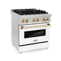 ZLINE Autograph Edition 30 in. 4.0 cu. ft. Legacy Dual Fuel Range with 4 Burner Gas Cooktop and Electric Convection Oven in Stainless Steel with White Matte Door and Polished Gold Accents, Open Box-Great Condition