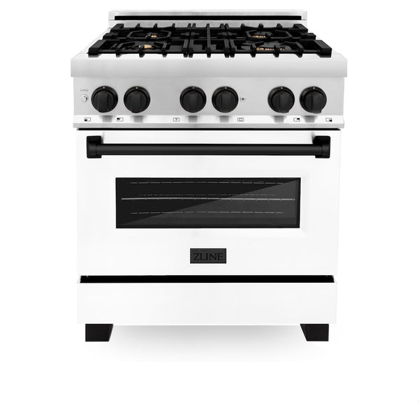 ZLINE Autograph Edition 30 in. 4.0 cu. ft. Legacy Dual Fuel Range with 4 Burner Gas Cooktop and Electric Convection Oven in Stainless Steel with White Matte Door and Matte Black Accents, Open Box-Great Condition