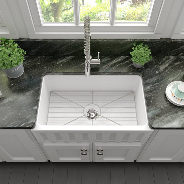 ZLINE 30 in. Venice Farmhouse Apron Front Reversible Single Bowl Fireclay Kitchen Sink with Bottom Grid in White Gloss (FRC5119-WH-30)