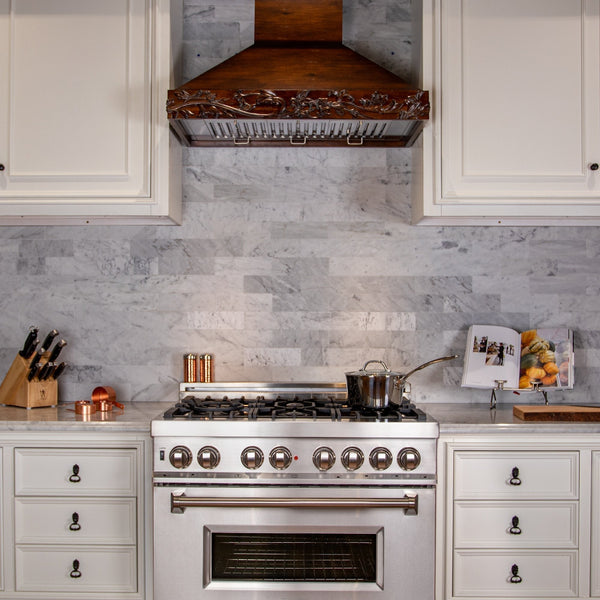 ZLINE 36 in. Convertible Vent Carved Wooden Wall Mount Range Hood in Walnut