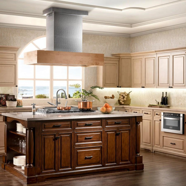 ZLINE 42 in. Designer Series Wooden Island Mount Range Hood in Butcher Block (681iM-42)