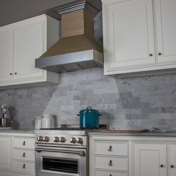 ZLINE 30 in. Convertible Vent Shiplap Wooden Wall Range Hood with Stainless Steel Accent - Includes Motor (365YY-30)