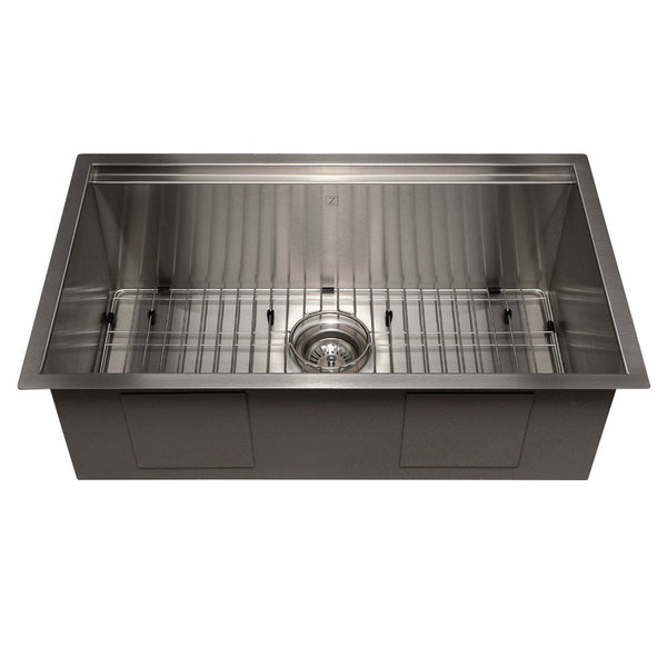 ZLINE Garmisch 30 in. Undermount Single Bowl Scratch Resistant Stainless Steel Kitchen Sink with Bottom Grid and Accessories (SLS-30S) front, with grid.