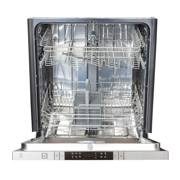 ZLINE 24 in. Top Control Dishwasher with Matte White Panel and Traditional Style Handle, 52dBa (DW-WM-24) front, open and empty.