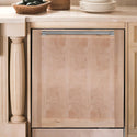 ZLINE 24 in. Top Control Dishwasher with Unfinished Wooden Panel and Traditional Style Handle, 52dBa (DW-UF-H-24) built-in to matching wood cabinets.