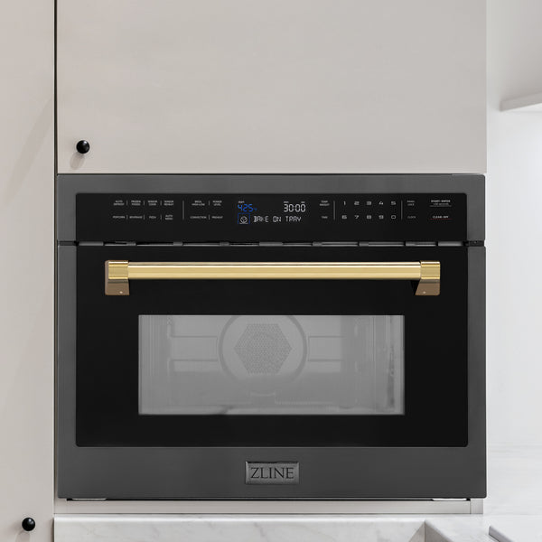 ZLINE Autograph Edition 24" 1.6 cu ft. Built-in Convection Microwave Oven in Black Stainless Steel and Polished Gold  Accents (MWOZ-24-BS-G)