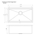 ZLINE Garmisch 30 in. Undermount Single Bowl Stainless Steel Kitchen Sink with Bottom Grid and Accessories (SLS-30) dimensional diagram.