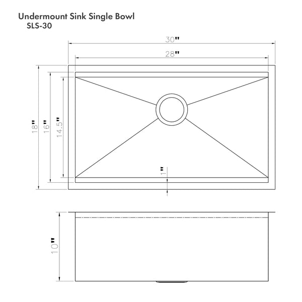 ZLINE Garmisch 30 in. Undermount Single Bowl Stainless Steel Kitchen Sink with Bottom Grid and Accessories (SLS-30) dimensional diagram.