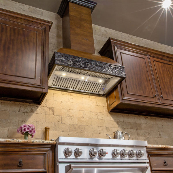 ZLINE 36 in. Ducted Wooden Wall Mount Range Hood with Dual Remote Blower in Antigua and Walnut (393AR-RD-36)