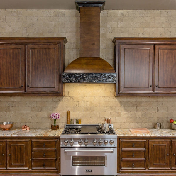 ZLINE 36 in. Ducted Wooden Wall Mount Range Hood with Dual Remote Blower in Antigua and Walnut (393AR-RD-36)