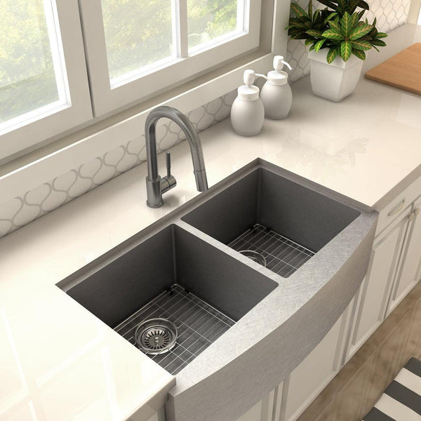 ZLINE Gemini Kitchen Faucet in Gun Metal (GEM-KF-GM) in a farmhouse kitchen, above.