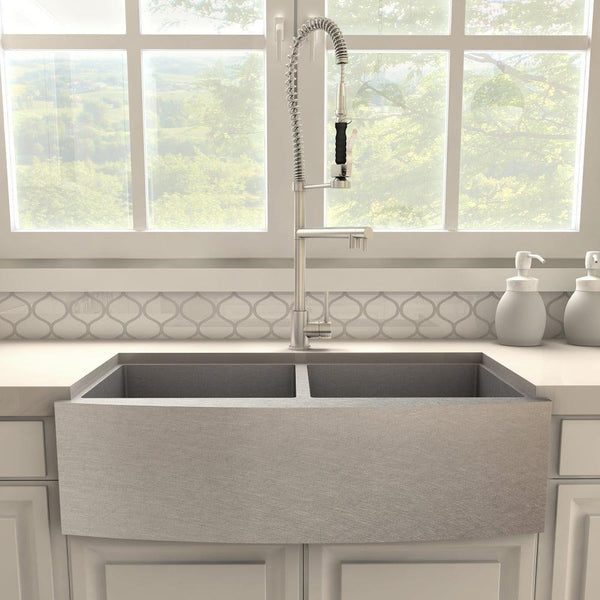 ZLINE Van Gogh Kitchen Faucet in Brushed Nickel (VNG-KF-BN) in a farmhouse kitchen, front.