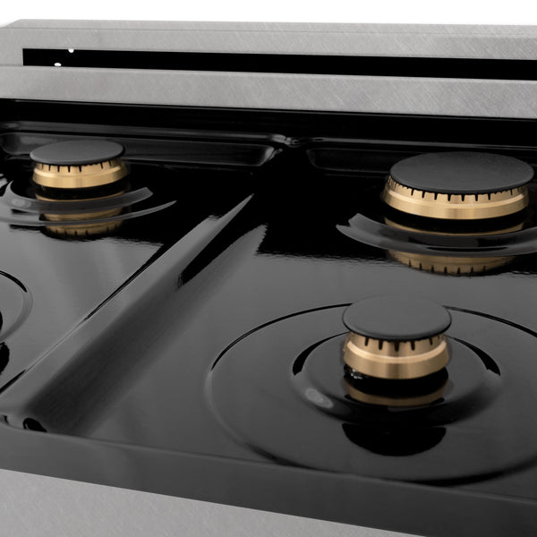 ZLINE 24 in. 2.8 cu. ft. Legacy Dual Fuel Range with Gas Cooktop and Electric Convection Oven in Satin Stainless Steel with 4 Brass Burners (RAS-SN-BR-24)