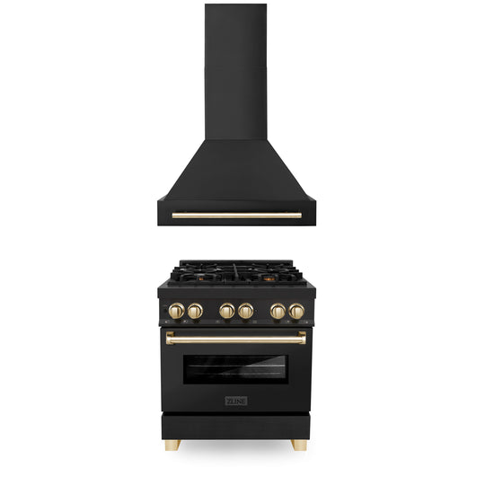 ZLINE 30" Autograph Edition Kitchen Package with Black Stainless Steel Dual Fuel Range and Range Hood with Polished Gold  Accents (2AKP-RABRH30-G)