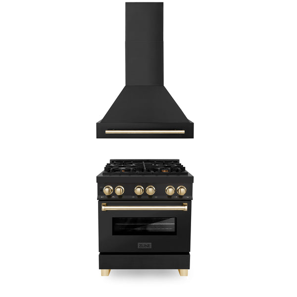 ZLINE 30" Autograph Edition Kitchen Package with Black Stainless Steel Dual Fuel Range and Range Hood with Polished Gold  Accents (2AKP-RABRH30-G)