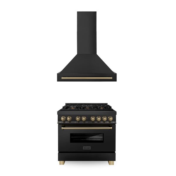 ZLINE 36" Autograph Edition Kitchen Package with Black Stainless Steel Dual Fuel Range and Range Hood with Champagne Bronze Accents (2AKP-RABRH36-CB)