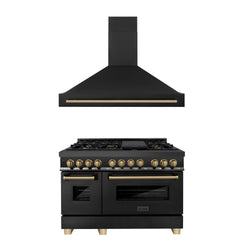 ZLINE 48" Autograph Edition Kitchen Package with Black Stainless Steel Dual Fuel Range and Range Hood with Champagne Bronze Accents (2AKP-RABRH48-CB)