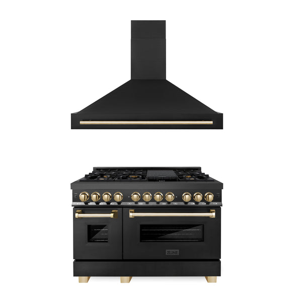 ZLINE 48" Autograph Edition Kitchen Package with Black Stainless Steel Dual Fuel Range and Range Hood with Polished Gold  Accents (2AKP-RABRH48-G)