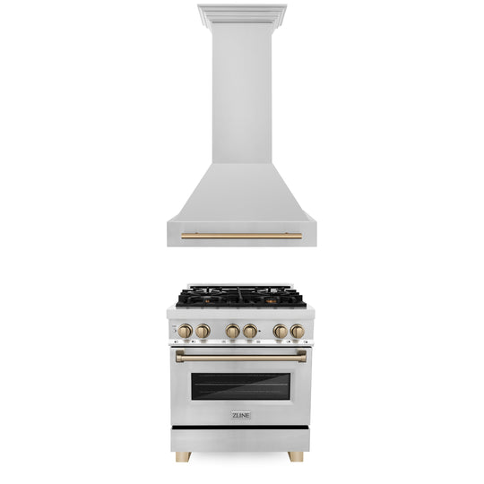 ZLINE 30" Autograph Edition Kitchen Package with Stainless Steel Dual Fuel Range and Range Hood with Champagne Bronze Accents (2AKP-RARH30-CB)