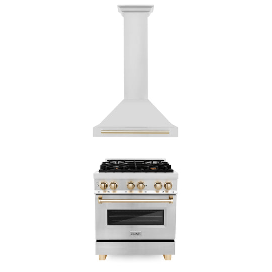 ZLINE 30" Autograph Edition Kitchen Package with Stainless Steel Dual Fuel Range and Range Hood with Polished Gold  Accents (2AKP-RARH30-G)