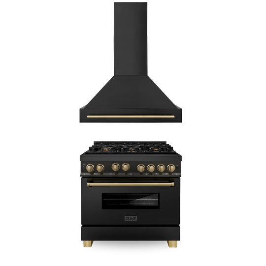 ZLINE 36" Autograph Edition Kitchen Package with Black Stainless Steel Gas Range and Range Hood with Champagne Bronze Accents (2AKP-RGBRH36-CB)