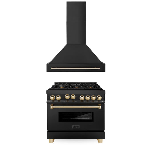 ZLINE 36" Autograph Edition Kitchen Package with Black Stainless Steel Gas Range and Range Hood with Polished Gold  Accents (2AKP-RGBRH36-G)