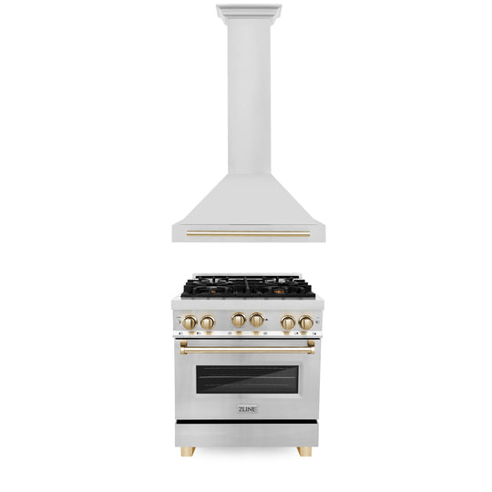 ZLINE 30" Autograph Edition Kitchen Package with Stainless Steel Gas Range and Range Hood with Polished Gold  Accents (2AKP-RGRH30-G)