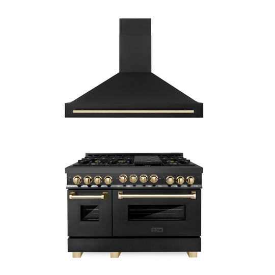 ZLINE 48" Autograph Edition Kitchen Package with Black Stainless Steel Gas Range and Range Hood with Polished Gold  Accents (2AKPR-RGBRH48-G)