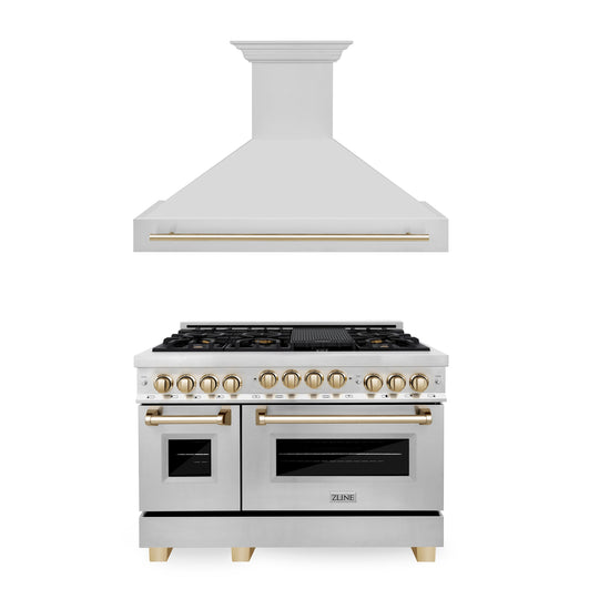 ZLINE 48" Autograph Edition Kitchen Package with Stainless Steel Gas Range and Range Hood with Polished Gold  Accents (2AKPR-RGRH48-G)