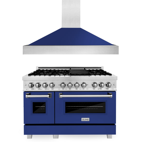 ZLINE 48 in. Kitchen Package with DuraSnow Stainless Steel Dual Fuel Range with Blue Gloss Door and Convertible Vent Range Hood (2KP-RASBGRH48)